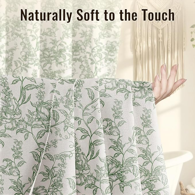 Farmhouse Sage Green Floral Shower Curtain with 12 Clear Rings 72" Wx84" L | Boho Fabric Shower Curtain Set, Vintage Cottagecore Shower Curtain for Bathroom