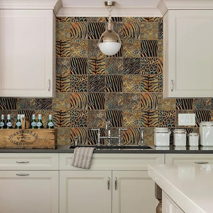Alwayspon Vinyl Sticker Peel and Stick, Self-Adhesive Wall Tile Transfers Backsplash Sticker Decal for Kitchen Bathroom, 6x6inch/15x15cm 30Pcs, Animal Stripes T046