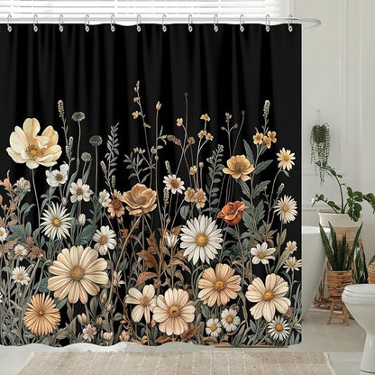 Vintage Boho Floral Shower Curtain, Cute Retro Bohemian Flower Botanical Aesthetic Decorative Shower Curtain Set with Hooks, Unique Dark Wildflower Rustic Farmhouse Shower Curtains for Bathroom 72X78