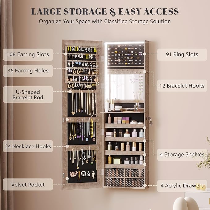 Vlsrka 47.2" LED Jewelry Cabinet, Wall Mounted Jewelry Mirror Organizer | Over The Door Hanging Jewelry Armoire Organizer, Lockable Mirror with Jewelry Storage, 4 Drawers, 5 Shelves for Women (Wood)