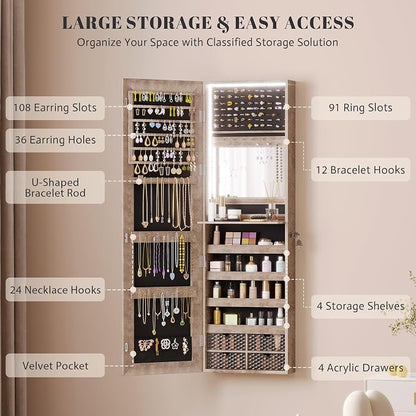 Vlsrka 47.2" LED Jewelry Cabinet, Wall Mounted Jewelry Mirror Organizer | Over The Door Hanging Jewelry Armoire Organizer, Lockable Mirror with Jewelry Storage, 4 Drawers, 5 Shelves for Women (Wood)