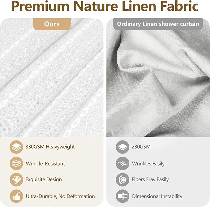 Seenus 72 x 84 inch Extra Long Boho Farmhouse Shower Curtain with Tassels, White Linen Textured Soft Fabric Shower Curtain Heavyweight, Elegant French Country Striped Bathroom Curtain Water Repellent