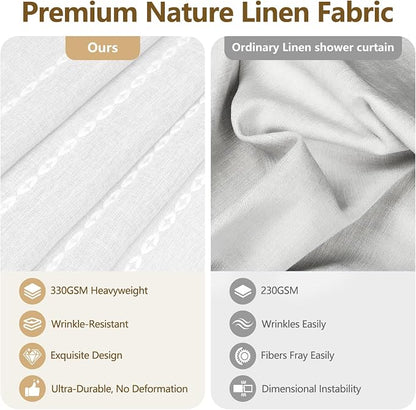 Seenus 72 x 84 inch Extra Long Boho Farmhouse Shower Curtain with Tassels, White Linen Textured Soft Fabric Shower Curtain Heavyweight, Elegant French Country Striped Bathroom Curtain Water Repellent