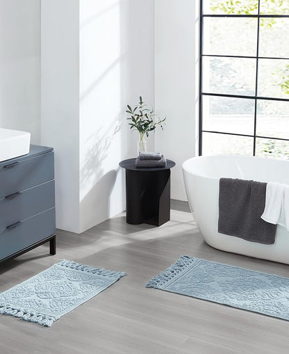 Jean Pierre – Ricardo Bath Mats, Set of 2 Woven Fringe Bathroom Rugs, 100% Cotton, Premium Bathroom Decor - Measures 17" x 31" and 21” x 41”- Light Blue