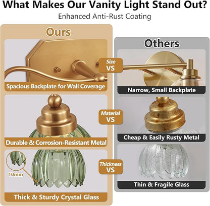 Vintage Gold Vanity Lights, 4 Light Tulip Crystal, Antique Brass Finish | Brushed Gold Bathroom Light Fixtures, Green Wall Sconce Ideal for Bedroom, Living Room, E26 Compatible, Easy Install