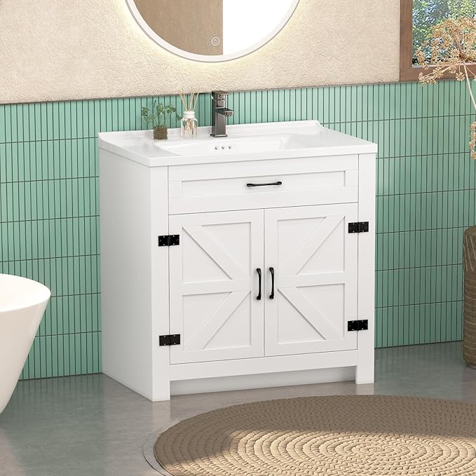 32 Inch Bathroom Vanity with Sink, Small Bathroom Sink Cabinet with 2 Barn Doors, White Single Sink Bath vanities Combo (19" D x 32" W x 36" H)