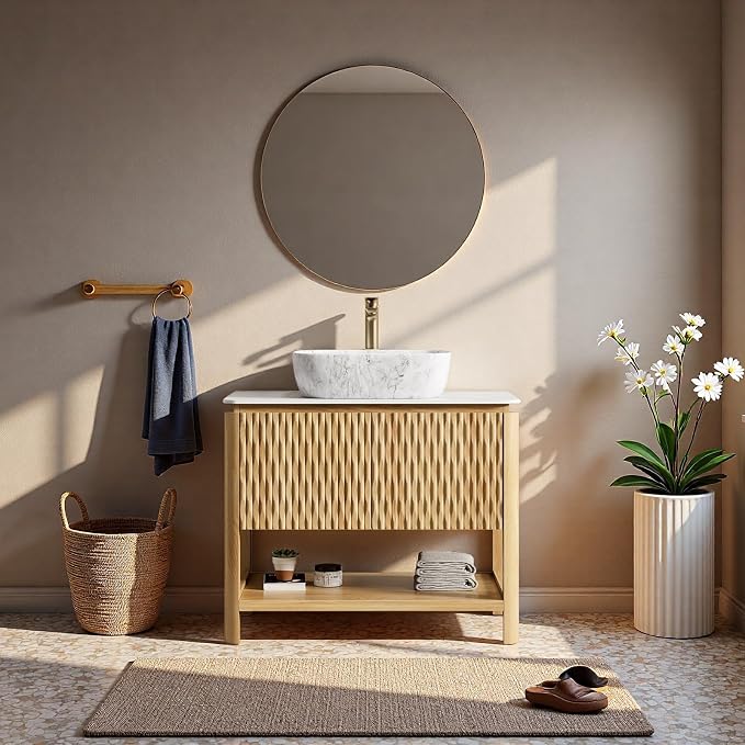 36" Bathroom Vanity with Sink, Freestanding Bathroom Storage Cabinet with Marble-Pattern Ceramic Basin & 2 Bamboo Texture Doors, Floor Stand Vanity Combo with Bottom Open Shelf, Natural