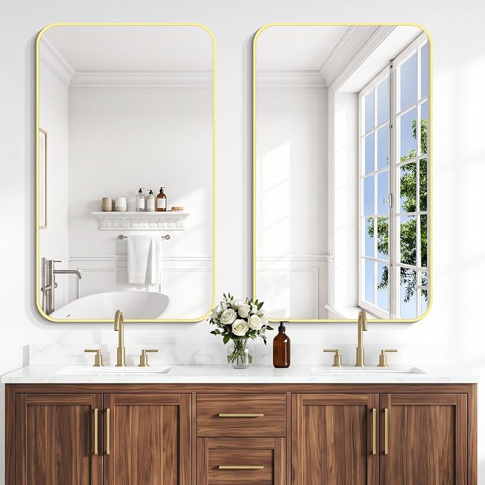BONEWEI Gold Bathroom Mirror,24x40 inch Wall Mirror for Bathroom Wall Mounted,Round Rectangle Mirror for Bathroom Over Sink,Modern Frame for Home Decor Living Room,Bedroom Entryway,Horizontal/Vertical