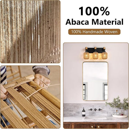 LmnLvn 3-Light Bathroom Vanity Light, Boho Farmhouse Rattan Handwoven Shade | Wood & Metal Frame, Rattan Vanity Light Design, Mounted Over Mirror, Easy To Install for Restroom, Bedroom & Hallway