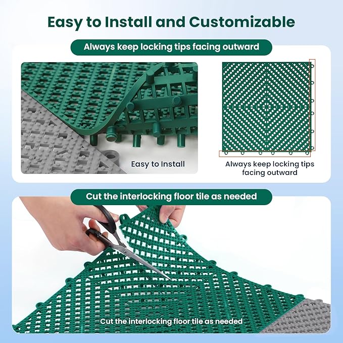 12-Pcs Interlocking Tile, Indoor/Outdoor Drainage Interlocking Floor Tiles 11.8" x 11.8", Anti-Slip Waterproof Soft PVC Splicing Flooring Tile for Garage Patio Pool Bathroom, Green
