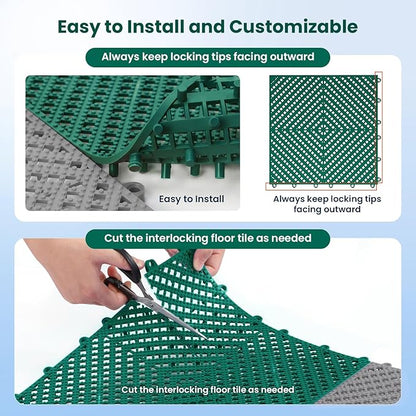 12-Pcs Interlocking Tile, Indoor/Outdoor Drainage Interlocking Floor Tiles 11.8" x 11.8", Anti-Slip Waterproof Soft PVC Splicing Flooring Tile for Garage Patio Pool Bathroom, Green