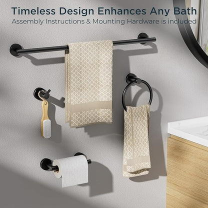 FORIOUS Bathroom Accessories, 4-Piece Bathroom Hardware Set - 30" Towel Bar | Matte Black | Towel Hooks, Towel Racks for Bathroom, Toilet Paper Holder Wall Mounted & Towel Ring | SUS304 Stainless Steel