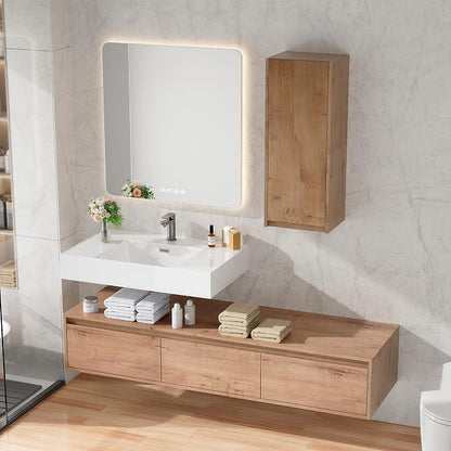 60 Inch Floating Bathroom Vanity with Single Sink, Modern Wall-Mounted Bathroom Cabinet with Resin Sink & Soft Close Drawer & Side Cabinet, Split-Level Layout (Nature Oak, 60"+1 Side Cabinet)