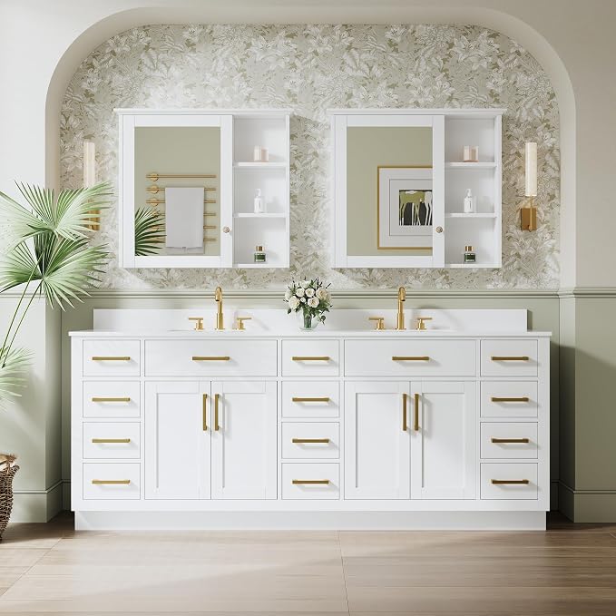 84-Inch Bathroom Vanity with Double Sinks W/ 4 Doors & 12 Drawers & 2 Flip Drawers, White Vanity W/Brushed Gold Handles
