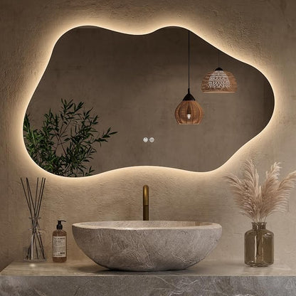 Keonjinn Irregular Backlit Bathroom Mirror 40 x 24 Inch, HD Tempered Glass | Asymmetrical Cloud LED Bathroom Mirror, 3000K/4500K/6000K, Dimmable, Fast & Safe Defog, Memory Function, Horizontal/Vertical