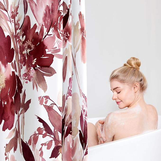 Small Stall Shower Curtain 36x72 Inch Half Narrow Watercolor Floral Decor | Burgundy Red Modern Abstract Flower Dorm Bathroom Shower Curtain Set with Hooks