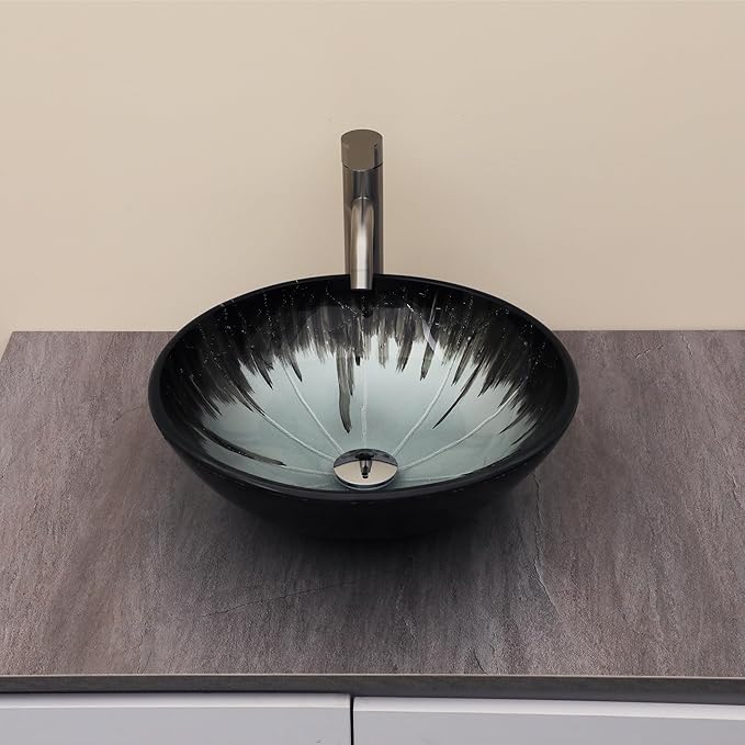 Logmey 16" Glass Bathroom Vessel Sink Vanity Countertop Round Bowl with Chrome Pop up Drain Set,Glass Art Basin,Grey-Black Gradient