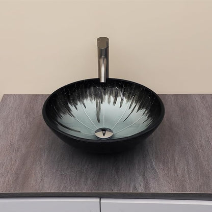 Logmey 16" Glass Bathroom Vessel Sink Vanity Countertop Round Bowl with Chrome Pop up Drain Set,Glass Art Basin,Grey-Black Gradient