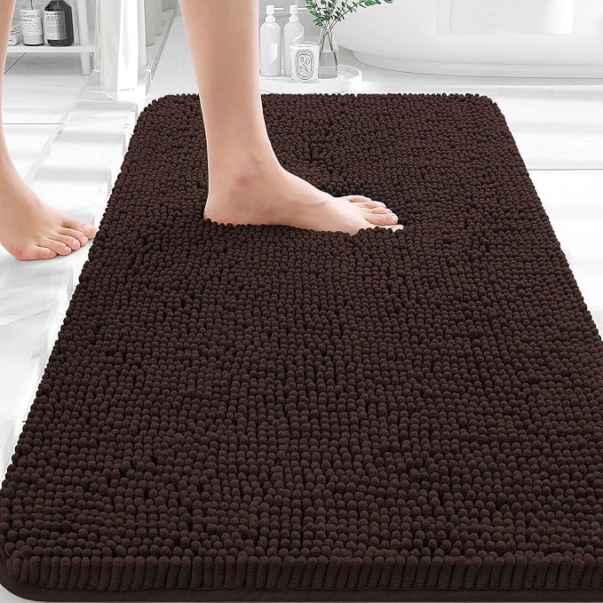 OLANLY Small Bathroom Rugs 30x18, Extra Soft Absorbent Chenille Bath Rugs | Brown, Quick-Drying Rubber Backing, Machine Washable Bath Mat for Bathroom Floor, Tub and Shower, Home Decor Accessories