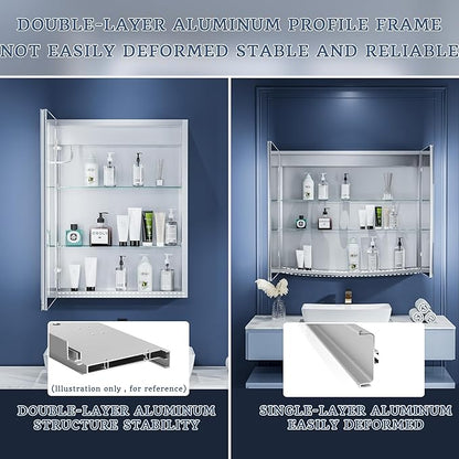 ExBrite Lighted Bathroom Medicine Cabinet, 20 x 26 Inch, Recessed or Surface led Medicine Cabinet, Defog, Stepless Dimming,Color Temper Change, 2 Outlets, Storage Shelves, Left Hinge