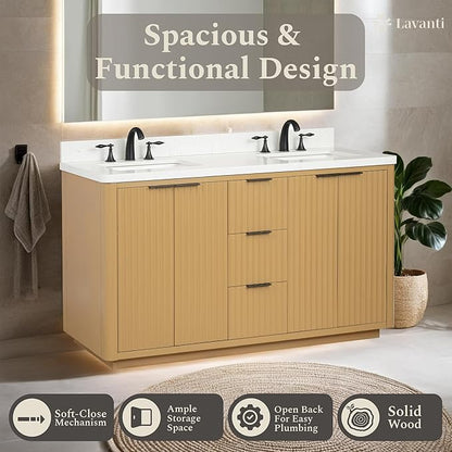 Lavanti Wooderna 60 Inch Bathroom Vanity with Sink – Stylish Firwood Oak Vanity Bathroom with Storage Cabinet – Modern Bathroom Vanities with Double Vanity Sink & Quartz Countertop