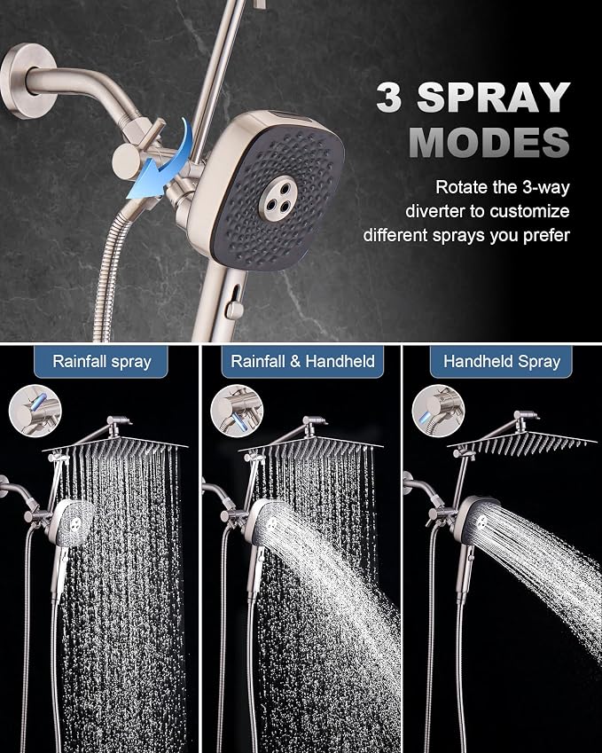 10" Rainfall Shower Head with Handheld Combo, High Pressure Dual Showerhead with Square Rain& Magnetic Hand Sprayer, 15" Adjustable Metal Extension Arm (Brushed Nickel)