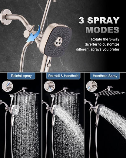 10" Rainfall Shower Head with Handheld Combo, High Pressure Dual Showerhead with Square Rain& Magnetic Hand Sprayer, 15" Adjustable Metal Extension Arm (Brushed Nickel)