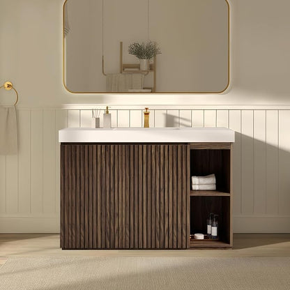48" Bathroom Vanity with Sink, Modern Fluted Bathroom Vanity Cabinet with White Engineered Stone Sink & Open Side Storage, Soft-Closing Doors with Adjustable Shelf, Walnut