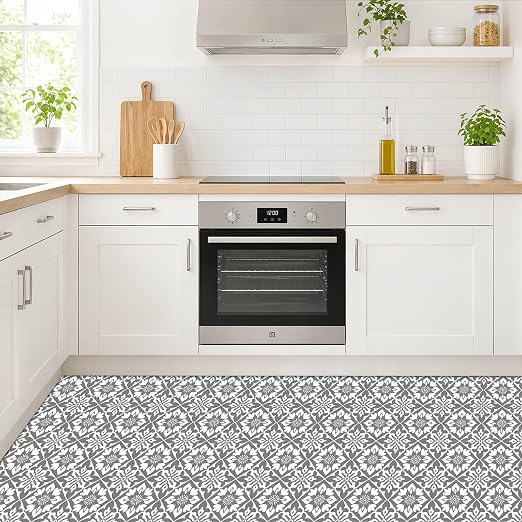 Gray White Floral Geometric Peel and Stick Floor Tiles 12x12 Inch 10PCS | Gray and white floral geometric pattern vinyl floor stickers for kitchen bathroom entryway and indoor home decor