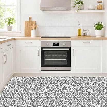 Gray White Floral Geometric Peel and Stick Floor Tiles 12x12 Inch 10PCS | Gray and white floral geometric pattern vinyl floor stickers for kitchen bathroom entryway and indoor home decor