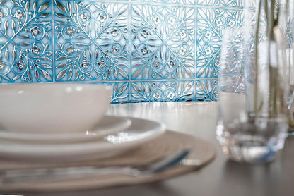 Main Street Peel and Stick Wallpaper Tiles, Blue & Silver Leaves, 24-Pack | 8"x8" tiles, covers 10.67 sq ft. Peel-and-stick paper, no extra adhesive needed. Ideal for backsplashes & DIY projects.