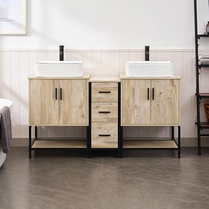 UEV Rustic 60" Double Sink Bathroom Vanity with Sink Combo,Industrial Iron Frame Bathroom Cabinet Sets with Middle 3 Drawers Cabinet (Rustic Oak, 031WH)