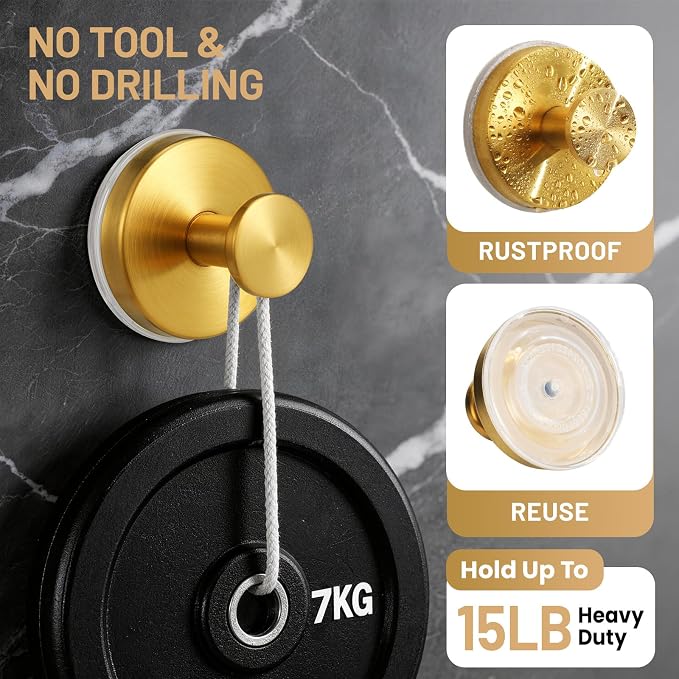 Suction Cup Hooks for Shower No-Drill Bathroom Hooks for Towels, Robes, Loofah Mountable on Bathroom Walls, Kitchen, Glass, Mirrors, Tile and Smooth,Non-Porous Surfaces (4, Brushed Gold)