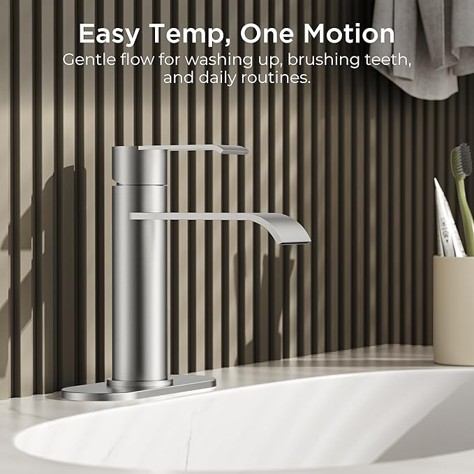 FORIOUS Brushed Nickel Bathroom Faucet 1 Hole, Brushed Nickel Waterfall Bathroom Faucet Single Hole for RV, Single Lever Lavatory Sink Tap with 3 Hole Adapter Deck Plate, Pop Up Drain and 24" Hose