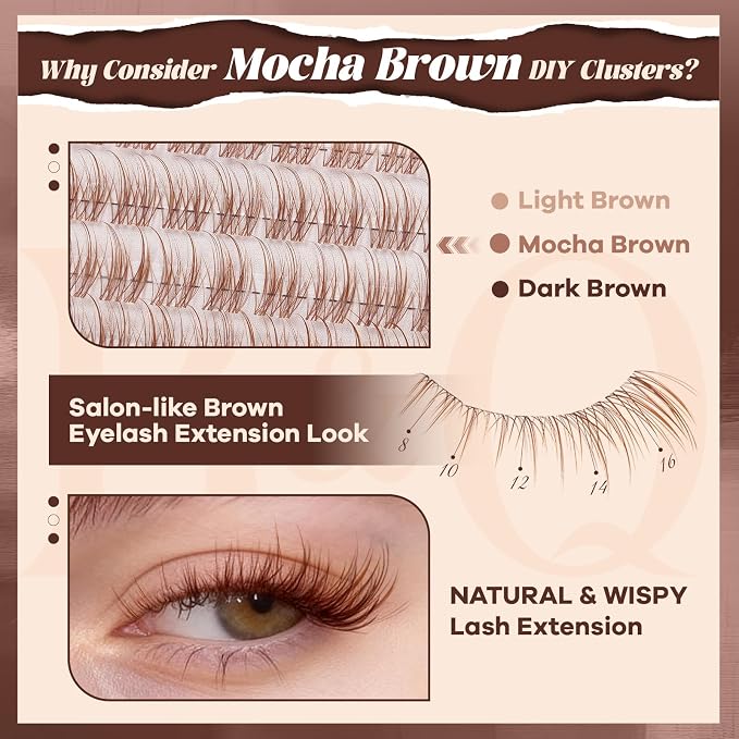 B&Q Brown Lash Clusters Kit Natural Mochalash Clusters 06, Wispy Eyelash Clusters Kit C-Curl Cluster Eyelash Extensions 8-16mm Brown Lash Eyelashes Kit for Fair/Dark Hair(Mochalash 06 Set)