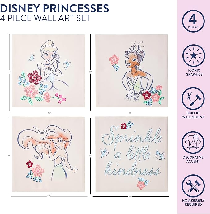 Disney Princess 4 Pack Square Canvas Wall Art Set, 11''x11'' each