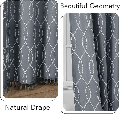 OVZME Dark Grey Shower Curtain for Bathroom, Puff Printed Textured Shower Curtain with Tassels, Rustic Geometry Heavy Duty Vintage Country Bathroom Curtain, Water Resistant Fabric, 72Wx72L Inches
