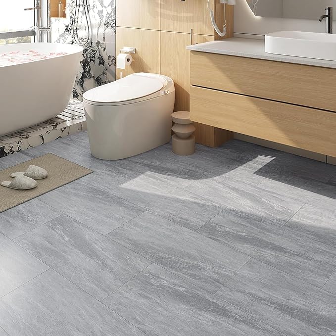 FunStick 15 Pcs 12"x24" Flooring Tile Peel and Stick Floor Tile Waterproof Grey Marble Vinyl Flooring for Bathroom Peel and Stick Wall Tiles Renter Friendly Floor Stickers for Kitchen Bedroom Flooring