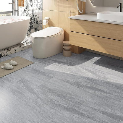FunStick 15 Pcs 12"x24" Flooring Tile Peel and Stick Floor Tile Waterproof Grey Marble Vinyl Flooring for Bathroom Peel and Stick Wall Tiles Renter Friendly Floor Stickers for Kitchen Bedroom Flooring