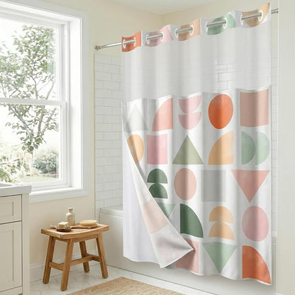 Americanflat 72x75 Hookless Shower Curtain - Water-Resistant Geometric Pastel Shower Curtain with Sheer Panel, Snap-in Liner, and Grommets - 100% Polyester - Peach, Green, Pink, Yellow & White