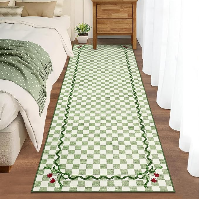 Garvee Washable Runner Rug 2x6 Non Slip, Sage Green Checkered Cherry | Coquette Aesthetic Decor Kitchen Rugs Low Pile Entryway Rug Soft Stain Resistant Carpet for Bedroom Bathroom Hallway Laundry