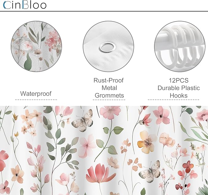 Pink Blush Coral Flower Floral Women Girls Leaf Bathroom Shower Curtain Set | 72"W x 72"H Wildflower Leaves; waterproof HD print, quick-dry fabric and plastic hooks for easy setup.