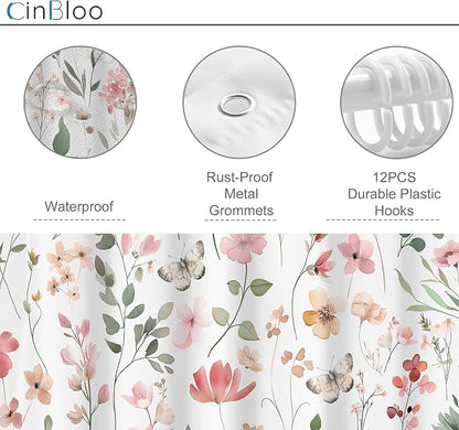 Pink Blush Coral Flower Floral Women Girls Leaf Bathroom Shower Curtain Set | 72"W x 72"H Wildflower Leaves; waterproof HD print, quick-dry fabric and plastic hooks for easy setup.