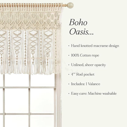 Lush Decor Boho Macrame Textured Cotton Valance, 40" W x 30" L, Neutral - Boho Kitchen Curtains & Wall Decor - Macrame Valance - Bathroom Window Curtains
