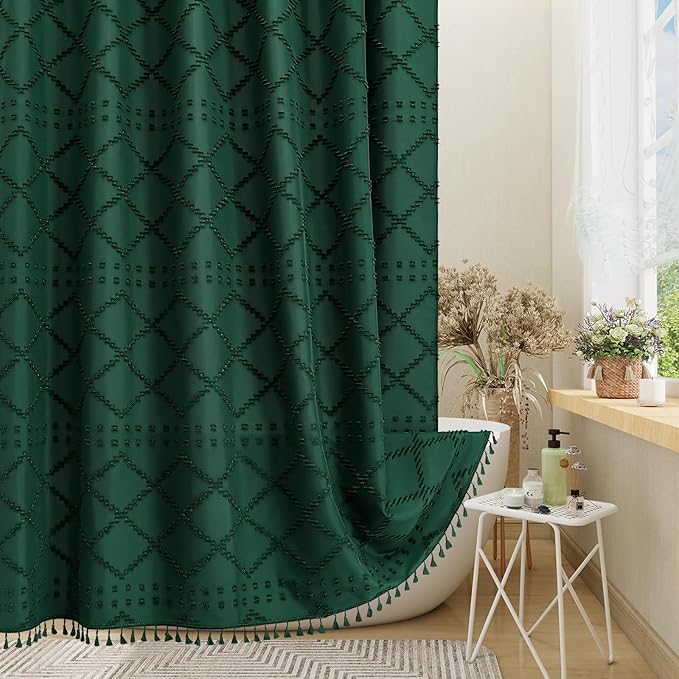 Dark Green Boho Fabric Shower Curtain with Tassel 72x72, Tufted Textured | Modern Farmhouse Curtain for Bathroom, Standard Bathroom Curtain, Minimalist Decor, Waterproof