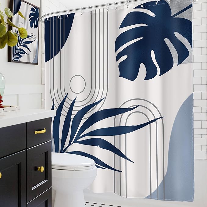 Glawry Abstract Shower Curtain Blue Grey Mid Century Geometric Boho Palm Leaf Sun Arch Botanical Simple Bathroom Modern Aesthetic 60Wx72L Inches Bath Accessories Art Home Decor Fabric 12 Hooks
