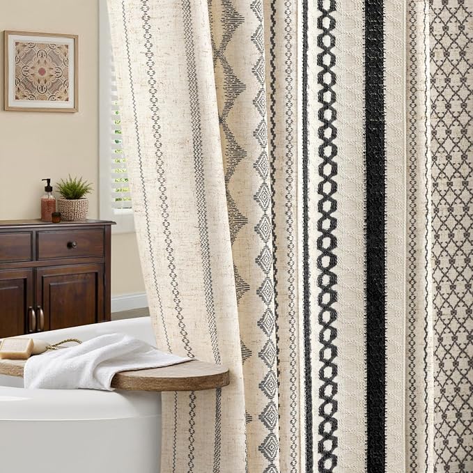 Black Shower Curtain,Boho Linen Shower Curtain for Bathroom with Striped Print,72" W x 72" L
