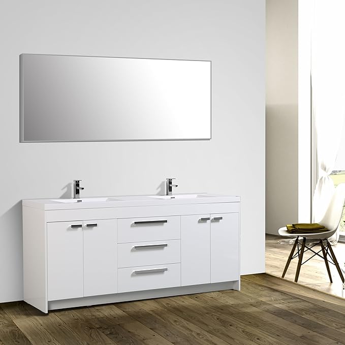 Eviva Lugano 84" White Modern Double Sink Bathroom Vanity w/White Integrated Top - Solid Wood Bathroom Sink Cabinet w/Brushed Chrome Handles - Freestanding Bathroom Vanities