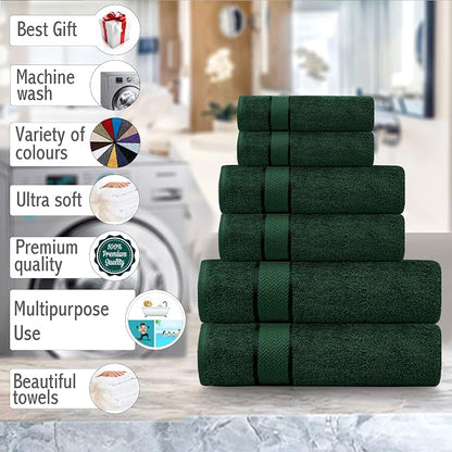 6 Piece Cotton Bath Towel Set -2 Bath 2 Hand 2 Face, Dark Green | 100% Cotton • Thick & Plush • Hotel Quality • Ultra Soft • Highly Absorbent • Quick Dry • Low Lint • Machine Washable