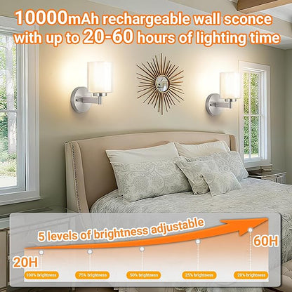 Battery Operated Wall Sconce Set of 2, Wireless Wall Sconce with Remote,10000mAh Rechargeable RGB Dimmable Bathroom Light Fixtures with Double Clear Glass Shade NOT Hardwired (Nickel)